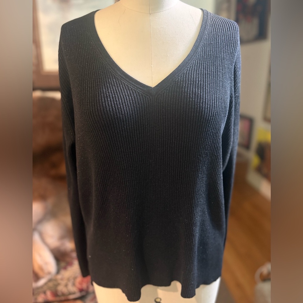 City Silk 75% Silk Lurex Black Shimmer V-Neck Sweater Longsleeve Top – XL